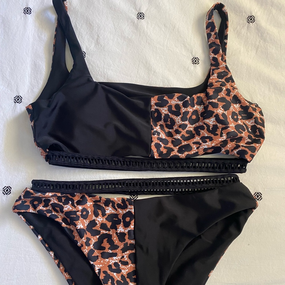 SHEIN split top black and cheetah print swim bikini